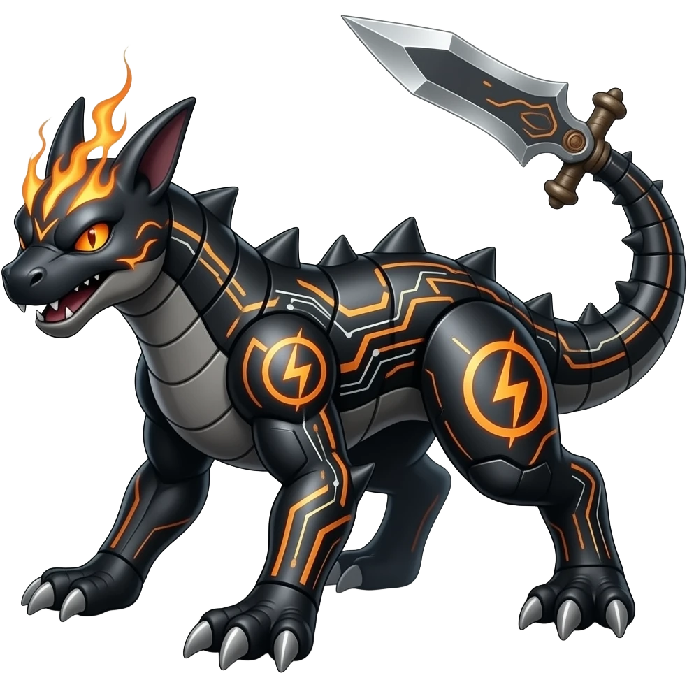 Cool edgy fiery electrical scaly cybernetic cyclop-visor-eyes, Circuitry-patterned black-scaled digitigrade futuristic fantasy-Cyberpunk-Steampunk-Solarpunk-Sharpedo-Garchomp-Genesect-Cyclizar-Salandit-Protogen-Fakémon-hybrid, tail blade, back spikes emoji