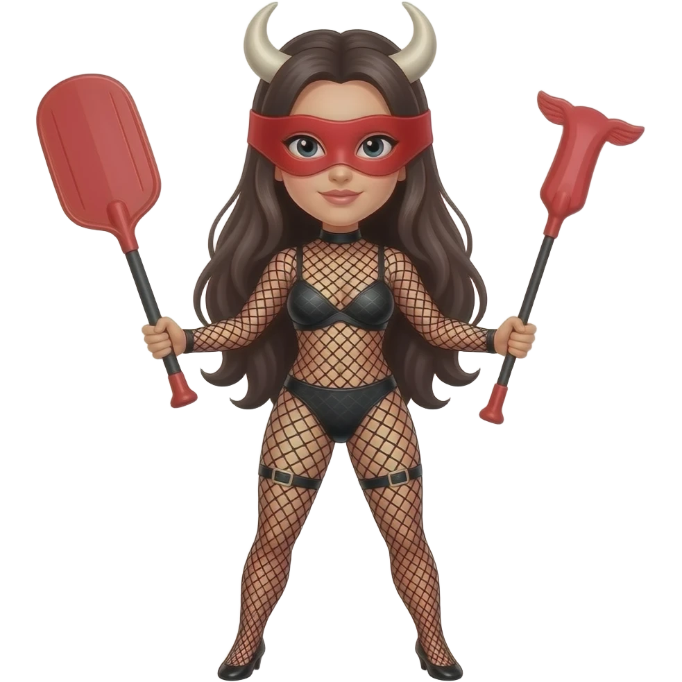 Woman with long dark hair, wearing a fishnet bull body suit,  holding a red  paddle in one hand, holding  a red blindfold in the other hand, (fullbody), highly detailed, hyper real emoji