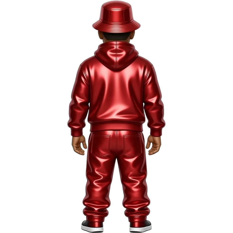 LL Cool J from behind with red metallic bucket hat, red metallic sweatshirt, red metallic baggy pants emoji