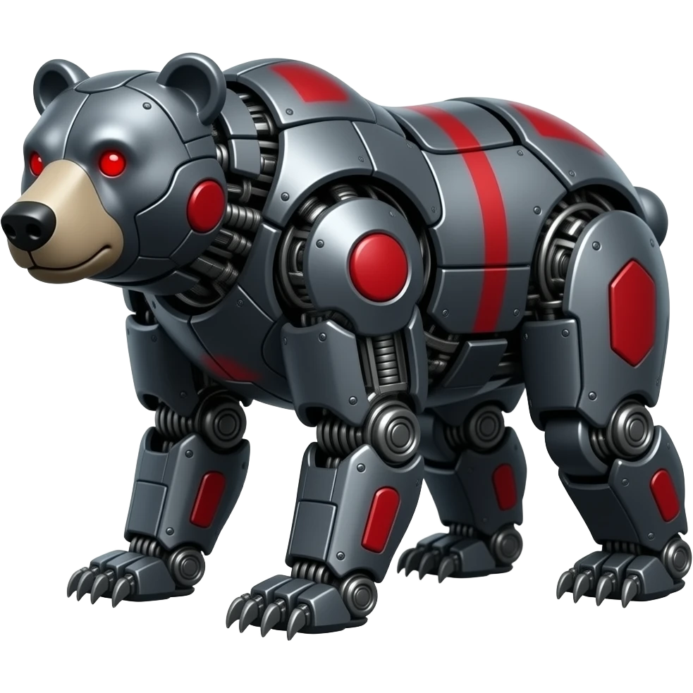 Completely mechanical grizzly bear, Hyper realistic, made of dark gray metal everywhere, with red markings on it's body and red eyes, (NO BROWN) emoji