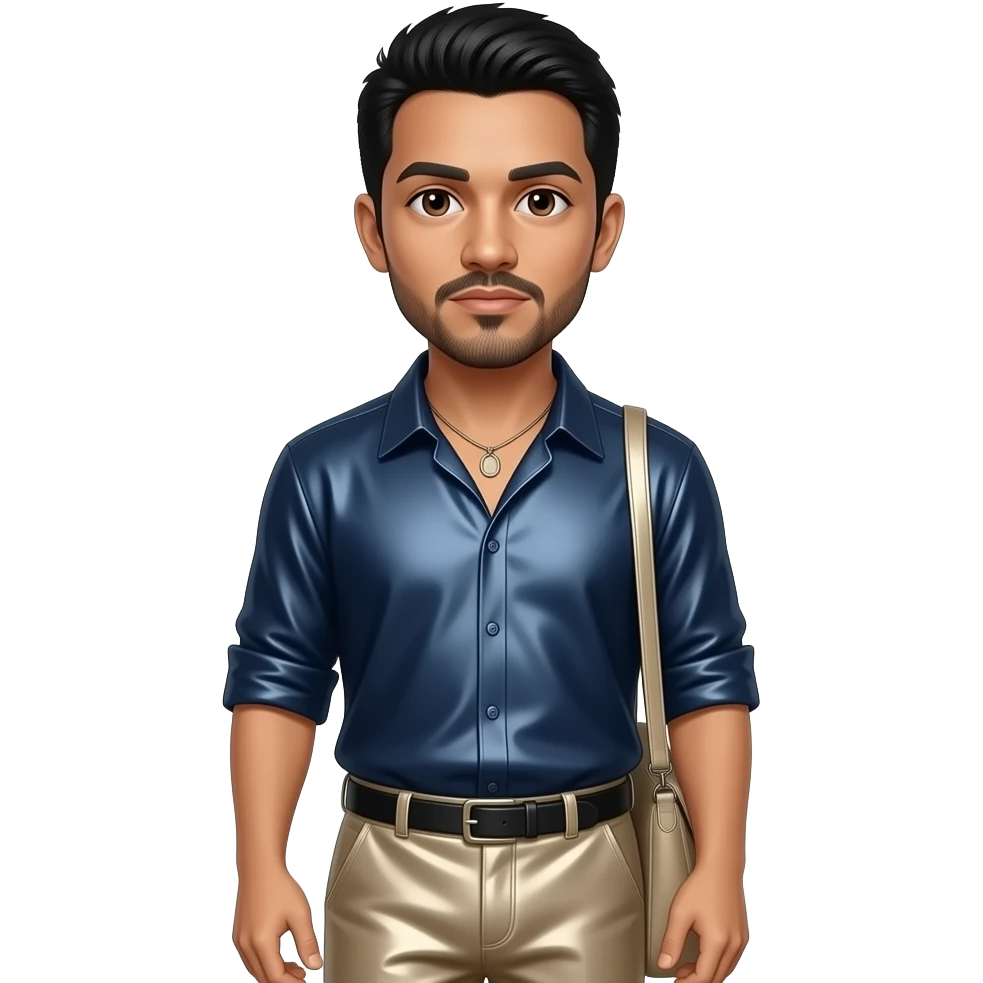 Chino Moreno with brown eyes, black hair, navy metallic shirt, beige metallic baggy pants, necklace emoji