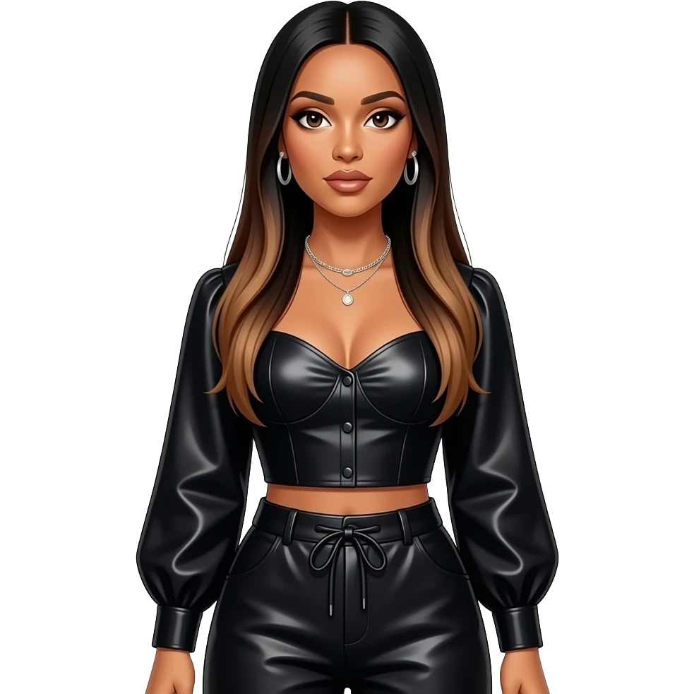 Aaliyah with dark brown eyes, long black straight hair with dark brown ombre, black metallic sweetheart blouse, black metallic baggy pants, necklace and earrings emoji