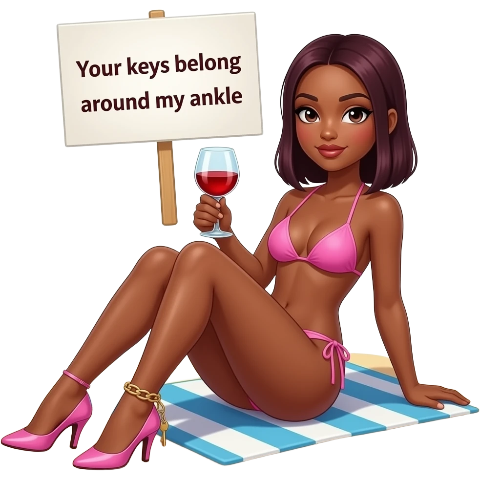 woman. burgundy, straight shoulder-length hair, sunbathing on beach. baby pink bikini. high stiletto heels. Ankle chain with small key dangling from it. Holding glass of red wine in one hand. Holding sign in other hand that says "Your keys belong around my ankle". emoji