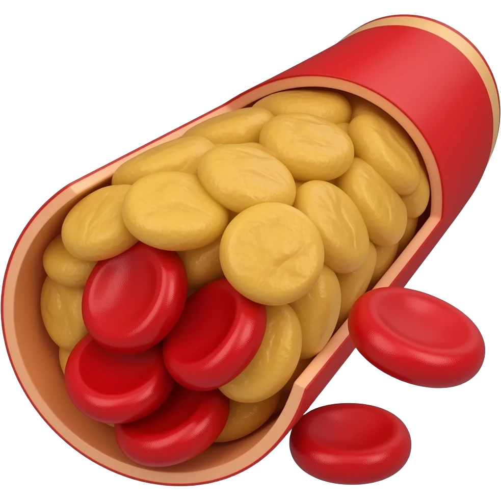 yellow adipose cells mass inside vascular tube partially blocking blood cells flow emoji