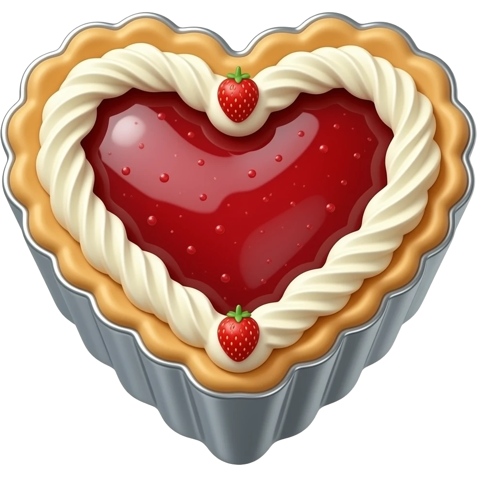 3D chrome luxury heart shaped pastry pie with jam and beautiful pastry decoration, minimalist style, front view. emoji