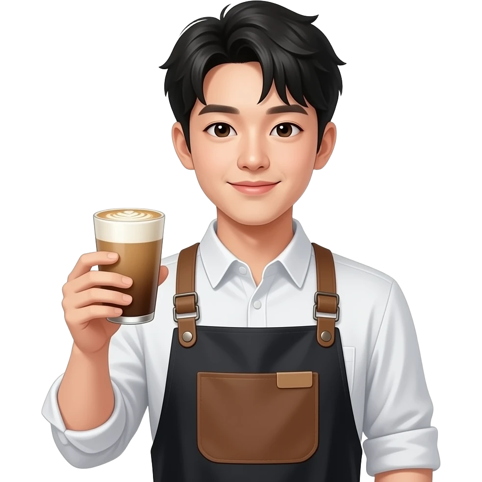 orean-young-man-+-barista-uniform-+-a-latte-in-one-hand emoji