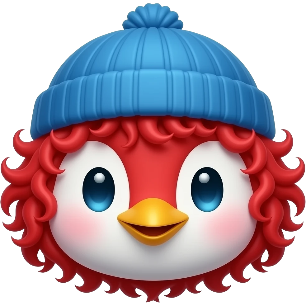 red curly  penguin with a blue beanie, just face emoji
