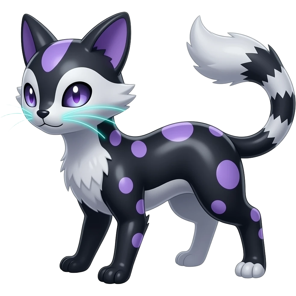 Realistic slim smooth oily shiny glossy elegant bioluminescent dull, scaly furry oil-blackish oily greyish, purplish, whitish abyss-fantasy-Zorua-Sprigatito-Absol-Lykoi-Civet-Fakémon-fusion, with thin neon-glowing bulb-whiskers, koi-piebald-flecked full body emoji