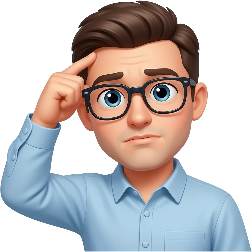 한쪽 손가락으로 머리를 끄적거리며 의문을 느끼는 안경쓴 20대 남성 emoji