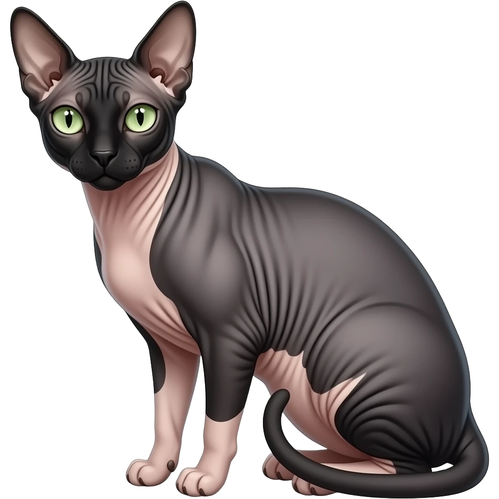 A black and white Sphynx cat with green eyes is sitting emoji