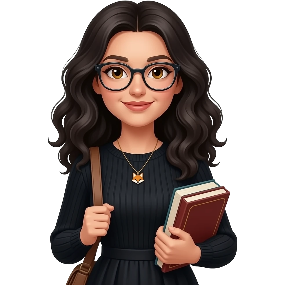 Realisting woman seeing a cute man posing elegant black sweater dress with a fox charm necklace model carrying books wearing glasses with honey colored eyes, Italian  and long curly black hair emoji
