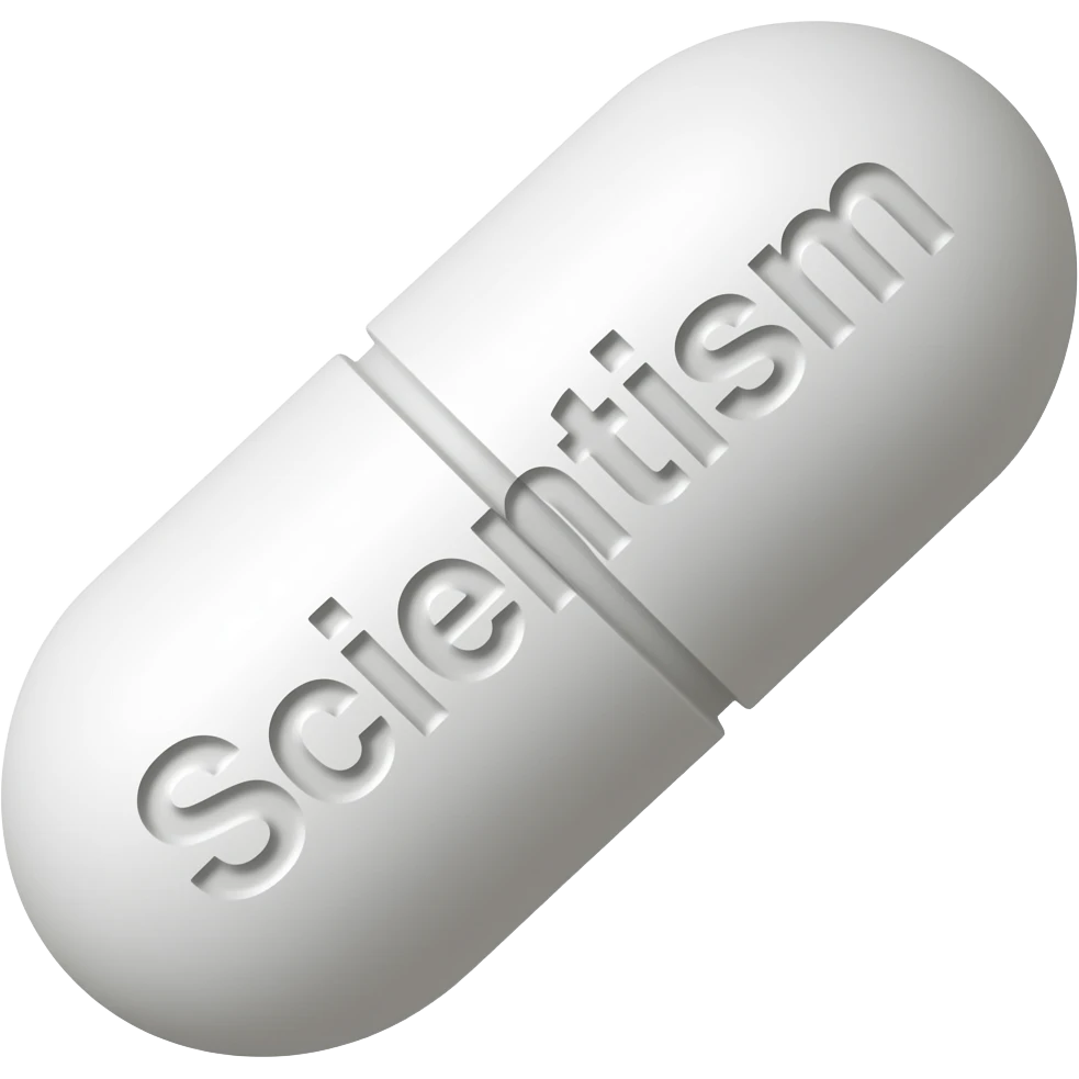 A solid oblong white pill with "Scientism" engraved in it at a 45 degree angle emoji