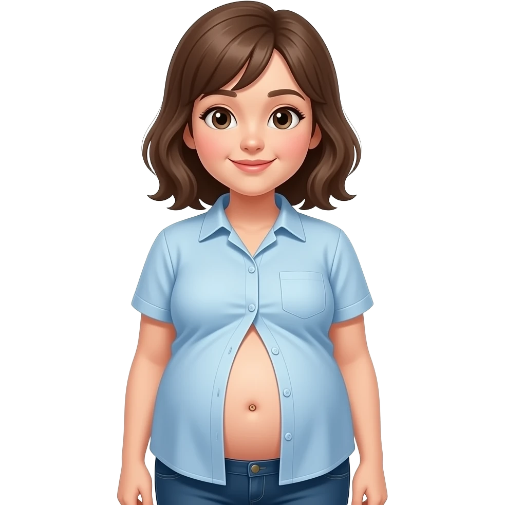 Showing a girl’s big full stomach with a bellybutton going peekaboo and her shrunk shirt losing the battle of the bulge as the poor failing clothes button pop off. emoji