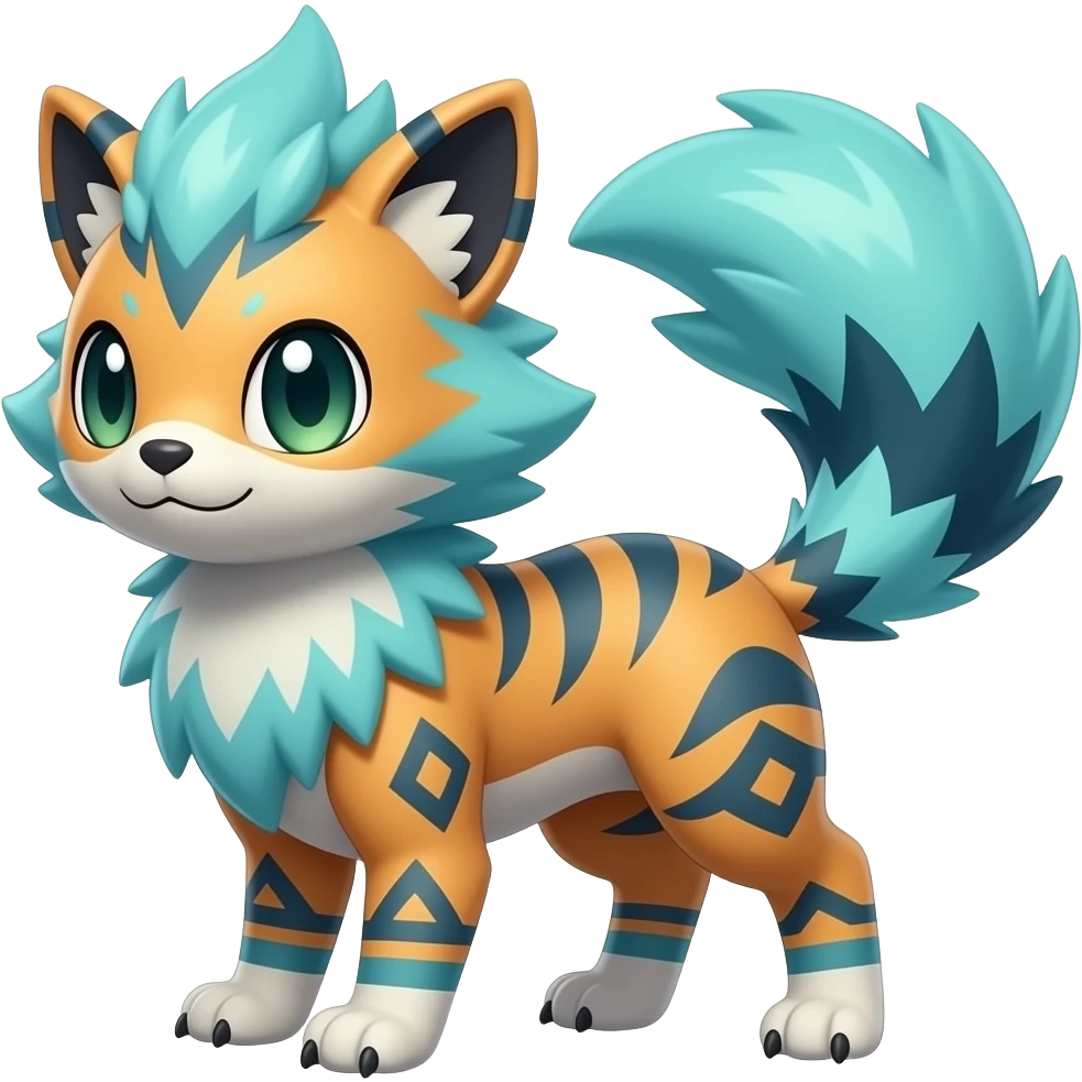 Colorful unique fantasy original shiny smooth soft flurry edgy cool Civet-Absol-Sprigatito-Vaporeon-Fakémon-hybrid with tribal markings emoji