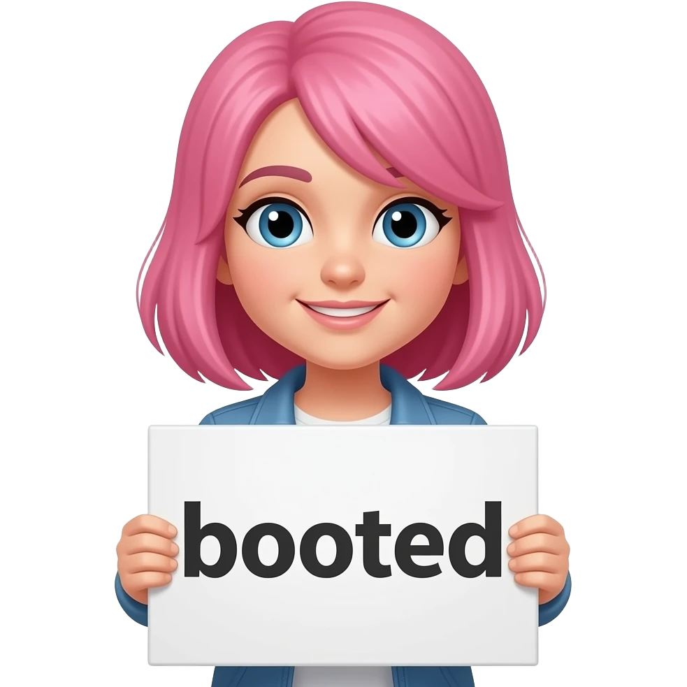 Can you make a girl that has pink hair with a sign that says booted emoji