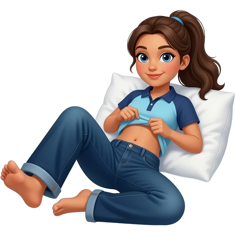 Hispanic girl with brown ponytail and blue eyes light blue and dark blue polo and dark blue baggy jeans and belly button laying down on her pillow on her bed showing her feet lifting her shirt emoji