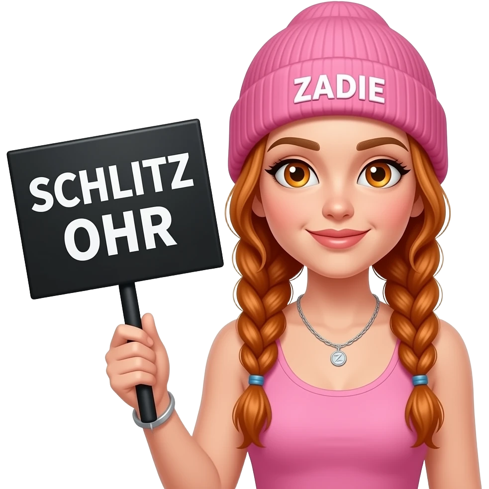 sexy girl with overlong ginger braids and ginger eyes wearing a pink tanktop and a pink beanie with ZADIE written on it, is holding a black sign with SCHLITZ OHR on it emoji
