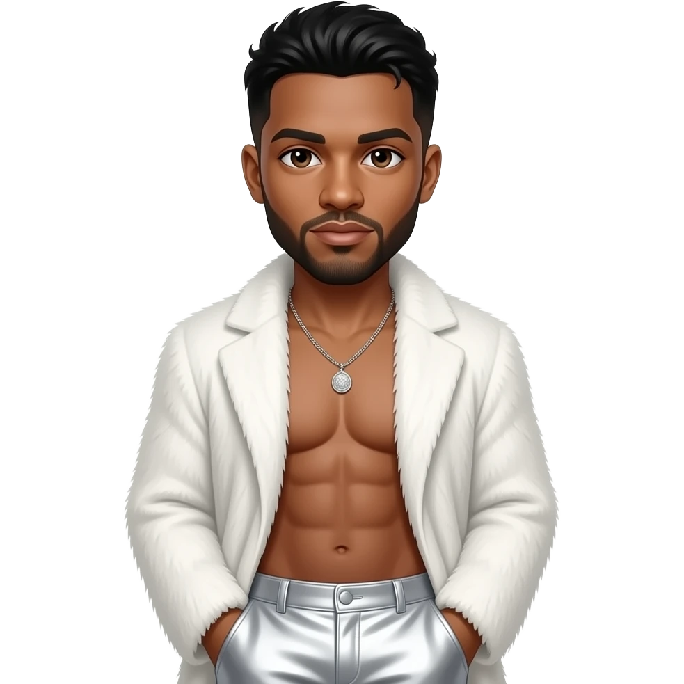 Howie Dorough with brown eyes, black hair and short beard, white fur coat, white metallic baggy pants, shirtless with necklace emoji