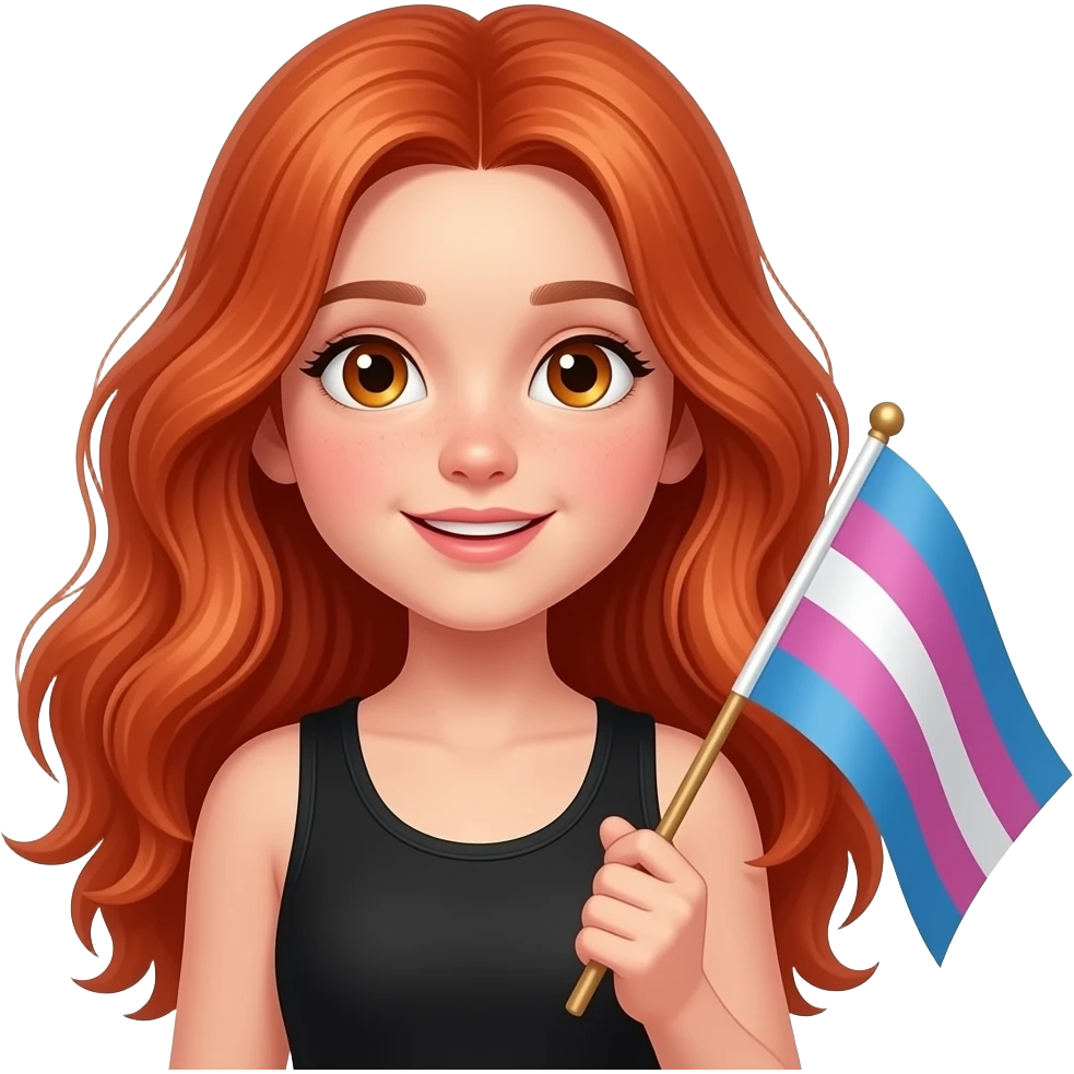 ten year old with long red hair and amber eyes and a black tanktop holding a bisexual flag and saying "I'm proud to be bi but won't tell my parents!!" emoji