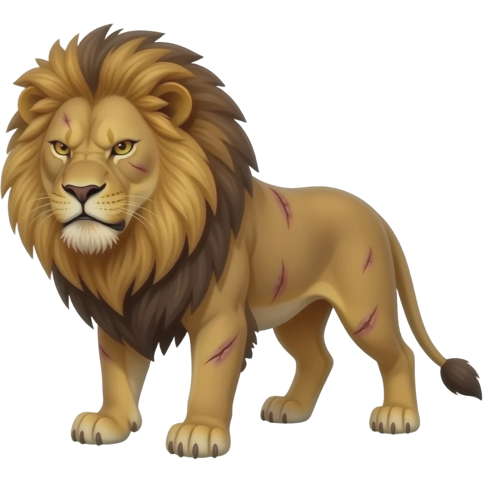 Make a angry lion with scars and closed mouth and seeing in attitude emoji