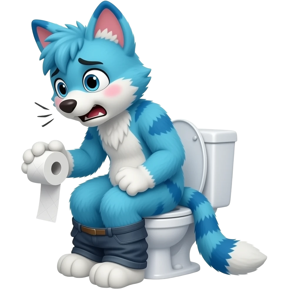 blue fursuit sitting on toilet, side view, pants down, straining face, blushing face, pain, pushing, holding toilet paper, discomfort, grunting emoji