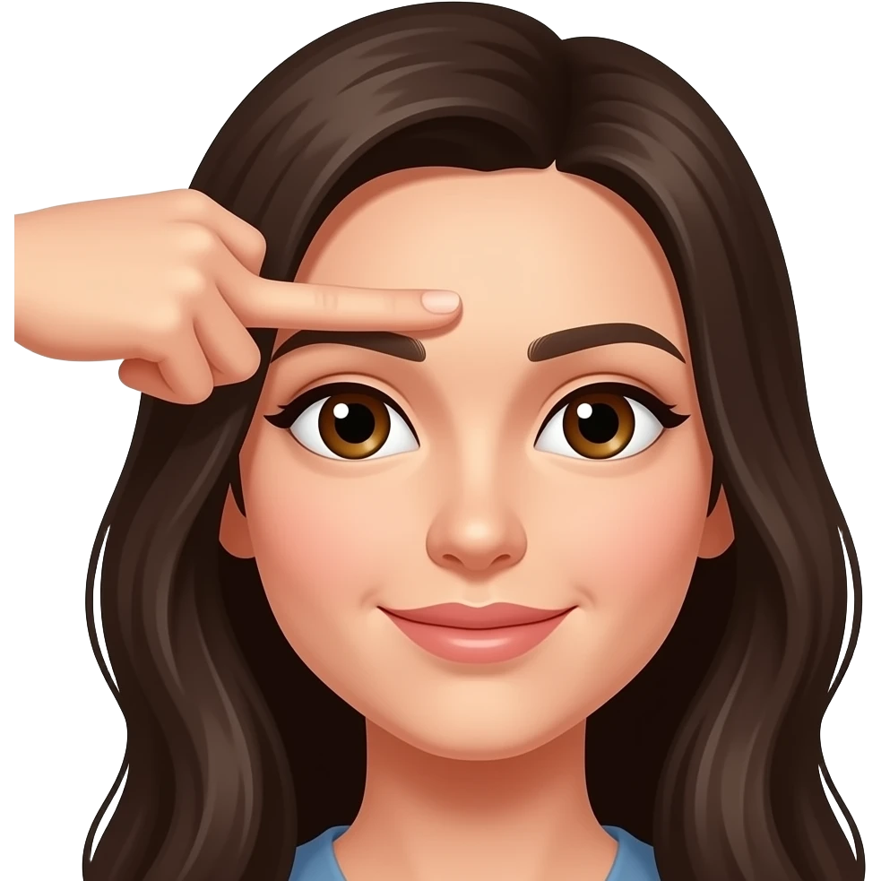 woman making L on center forehead with two fingers with long dark hair and brown eyes emoji