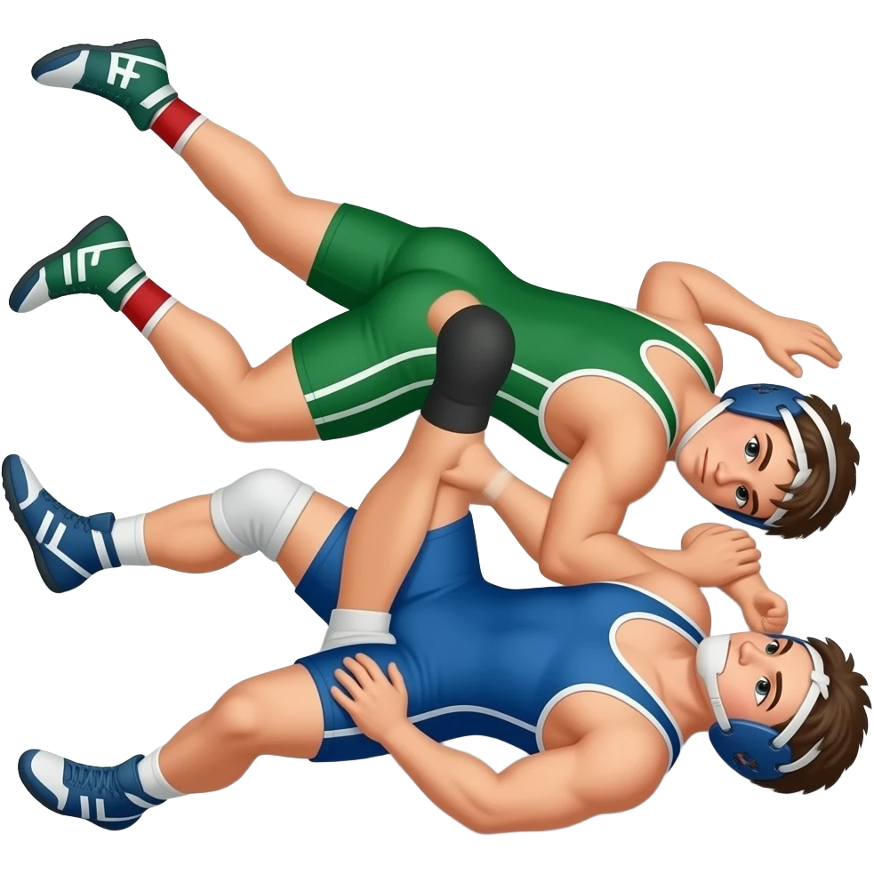 Erstelle ein Bild von zwei Uni-Wrestler in kurzen, knappen und engen Wrestler-suits, die beiden haben unterschiedlich Farben an (Grün und blau) und sie ringen liegend miteinander auf dem Boden emoji