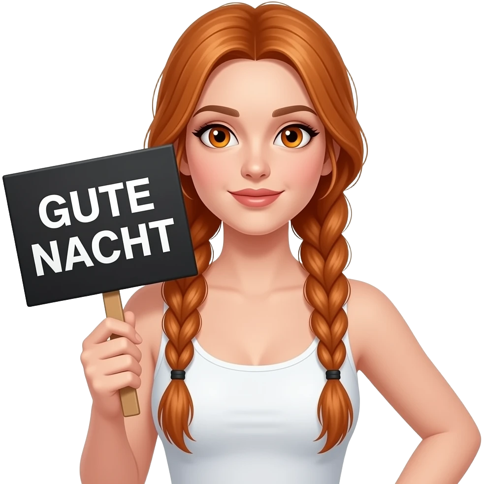 sexy girl with long ginger braids and ginger eyes wearing a white tanktop is holding a black sign with GUTE NACHT written on it emoji