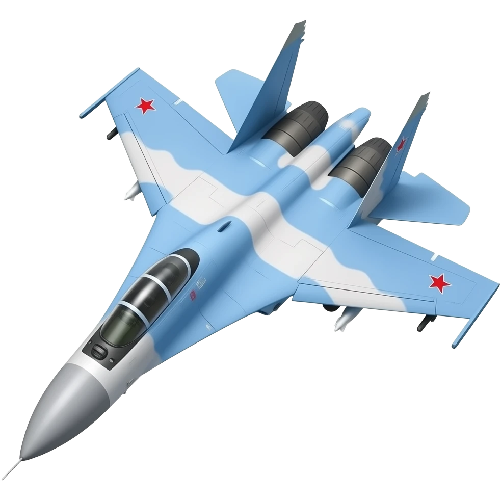 самолет су-27, вид спереди, немного под наклоном, летит в левый нижний угол, дизайн как на настоящем, но заменить оттенки голубого на светло-сыетло розовый, максимально похож на настоящий emoji