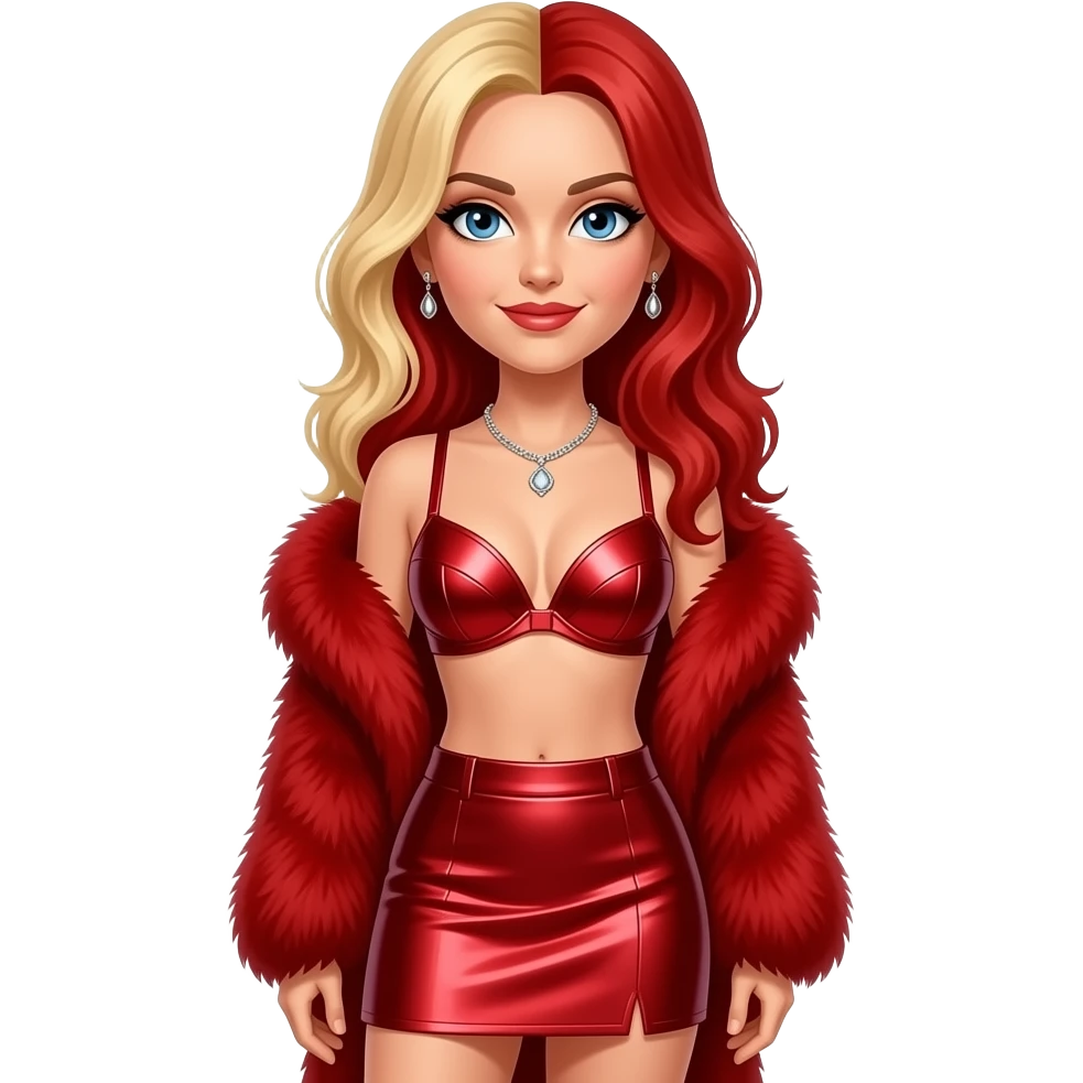 Geri Halliwell from Spice Girls with blue eyes, long red hair with blonde fronted streaks, red fur shawl, crimson metallic bra, crimson metallic short skirt, necklace and earrings emoji