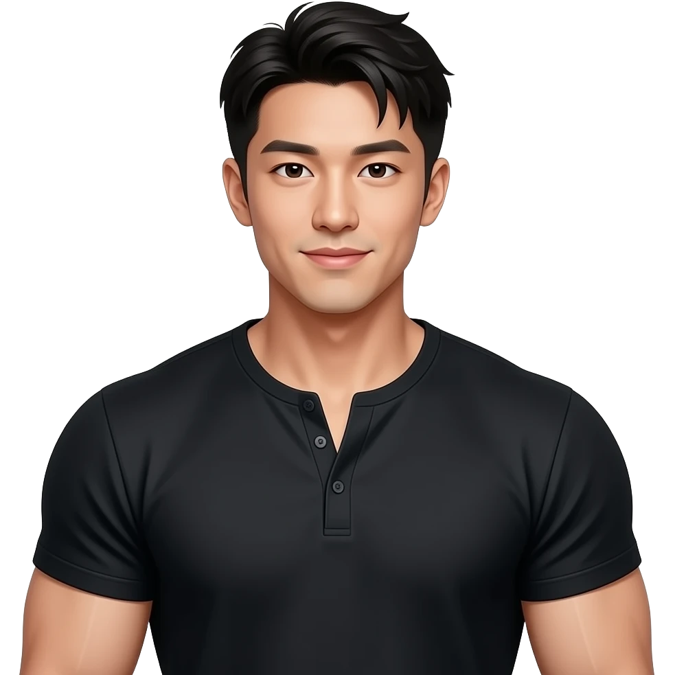 东亚宽肩膀帅哥，黑色亨利衫，肌肉饱满 emoji