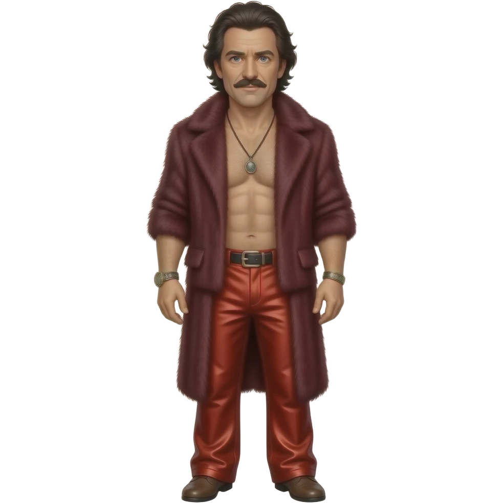 Oliver Reed with blue eyes, black hair, maroon fur shawl, crimson metallic baggy pants, shirtless with necklace emoji