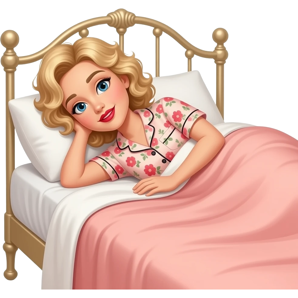 Short curly blond hair side swept red lipstick and peach and RED FLORAL SHORT SLEEVE PAJAMAS SET UNDER A PEACH DUVET SLEEPING ON THE SIDE, BLACK EYEBROWS ON A VITCTORIAN BED emoji
