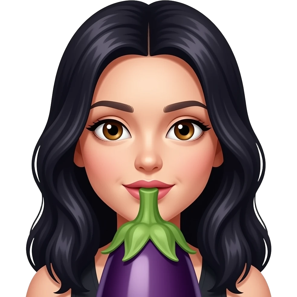Long Black hair brown eyes licking a big eggplant emoji