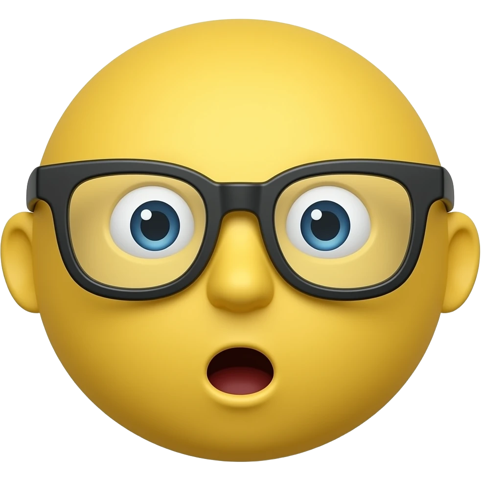 Yellow circle with glasses with a surprised face with no eyebrows and no nose and ears emoji