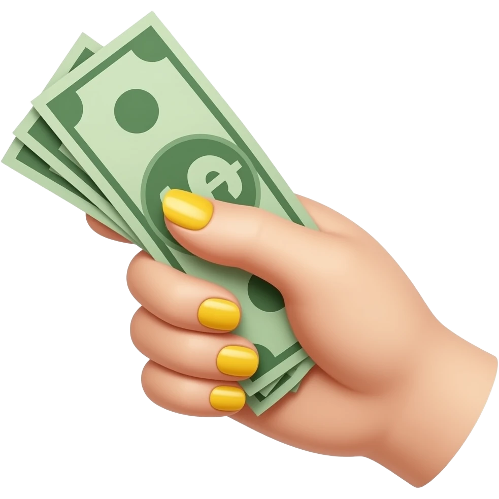 一只白皮手，涂着杏仁黄色指甲，手里拿着现金 emoji