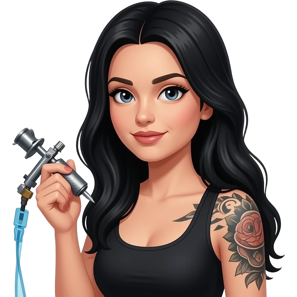 Longer black hair woman tattoo artist with half a sleeve holding a tattoo machine emoji