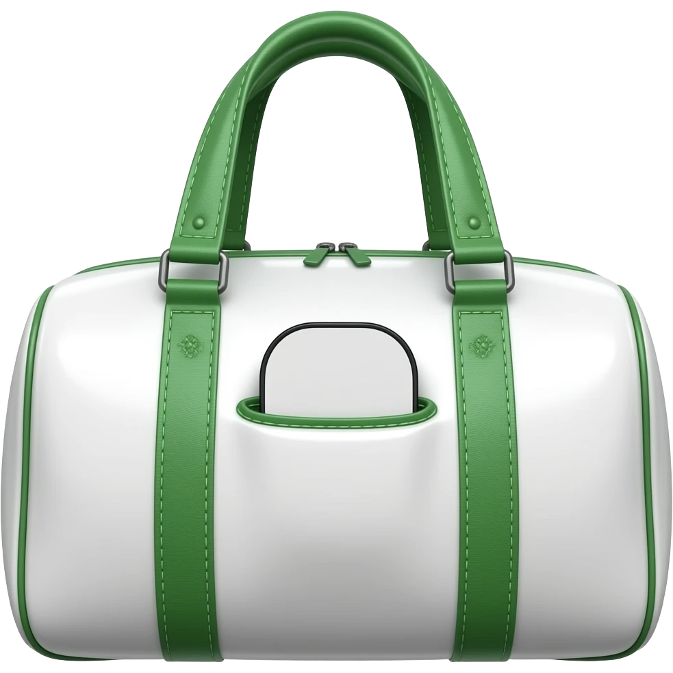 Apple iOS style white sports bag emoji, glossy 3D duffel bag with visible front paddle pocket holding a pickleball paddle, green accent details and piping, minimal luxury design, front-facing, smooth shading, ultra detailed, clean background, premium iOS emoji aesthetic emoji