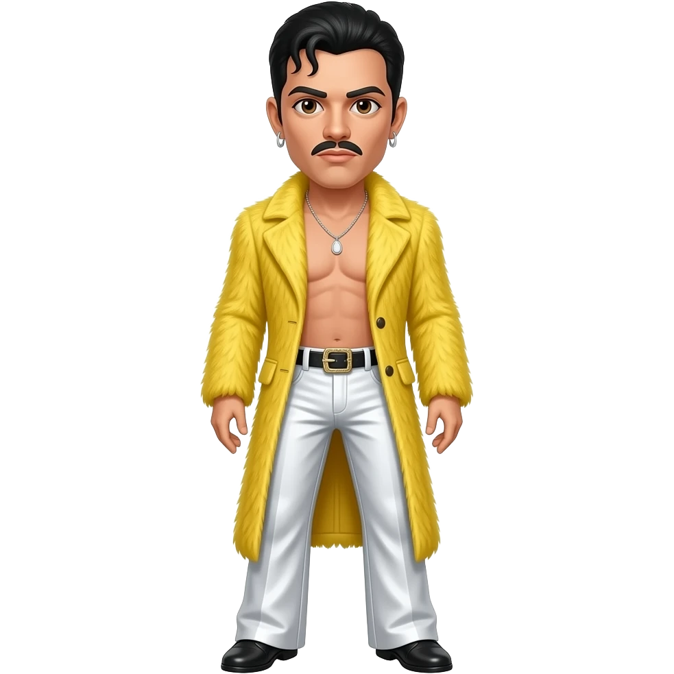 Freddie Mercury with brown eyes, black hair and thin mustache, yellow fur coat, white metallic wide leg pants, shirtless with necklace and earrings emoji