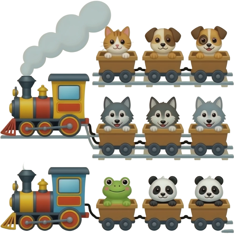 🚂🚃🐱1 🚃🐶🐶 22 🚃🐺🐺🐺 333 🚃🐸🐸🐸🐸4444 🚃🐼55555 number of animal emoji