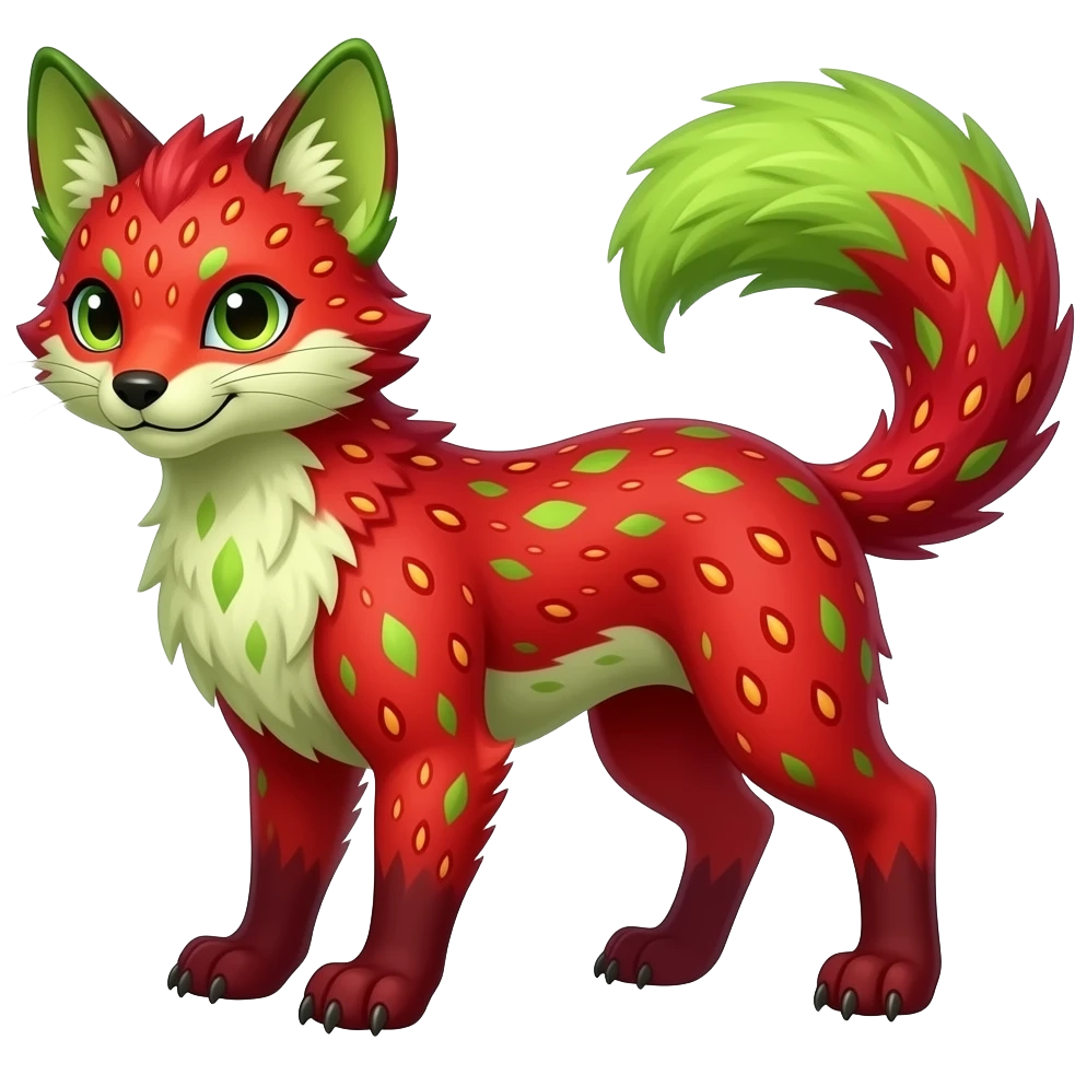 Feral Rare Fantasy vibrant tropical strawberry-colors-themed, red and sanguine, and lime-collred Vernid-Trico-species-creature by LiLaiRa, random markings, tufted tail, tufted ears, full body emoji