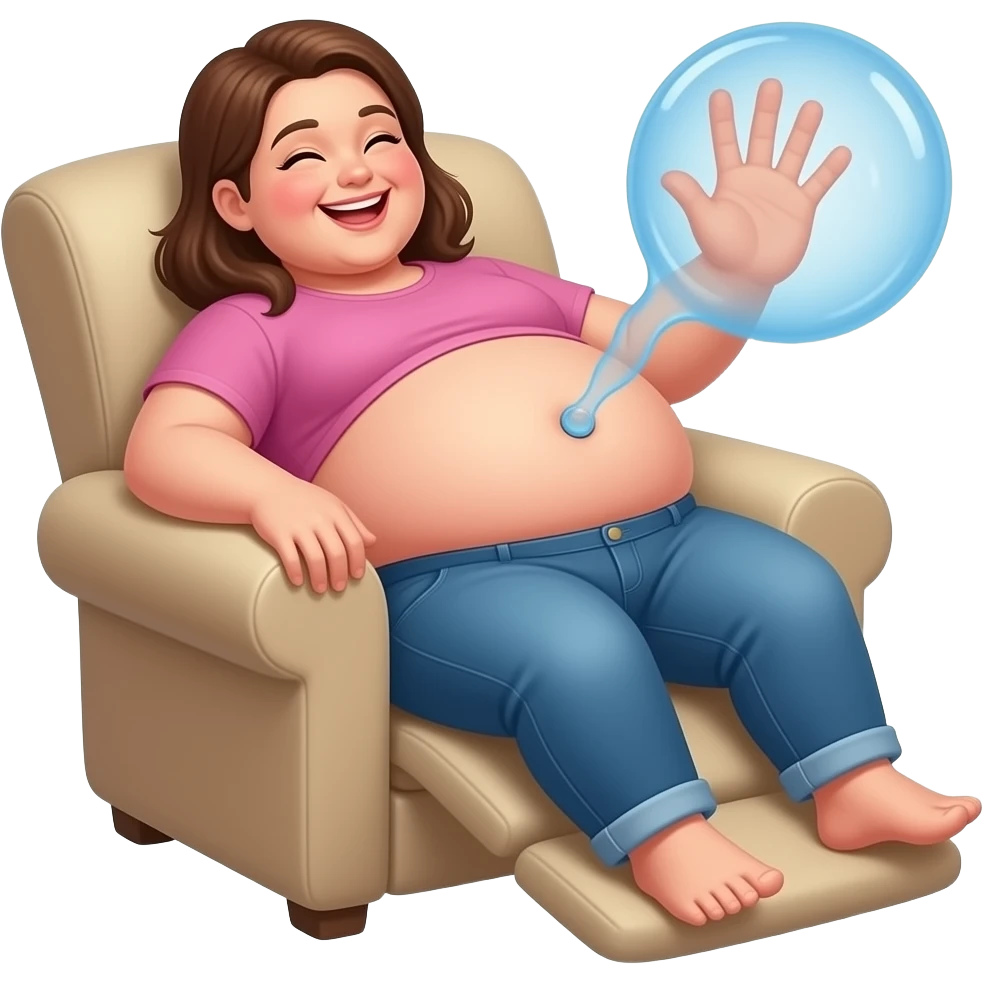 A female giant rests on a recliner sofa,with friendly gentle manner she hangs out her overfed rotund exposed belly,so the volunteer admirers can use the girl’s bouncy belly to do some jumping on like a jelly trampoline,The female giant giggles because her bellybutton is ticklish. emoji