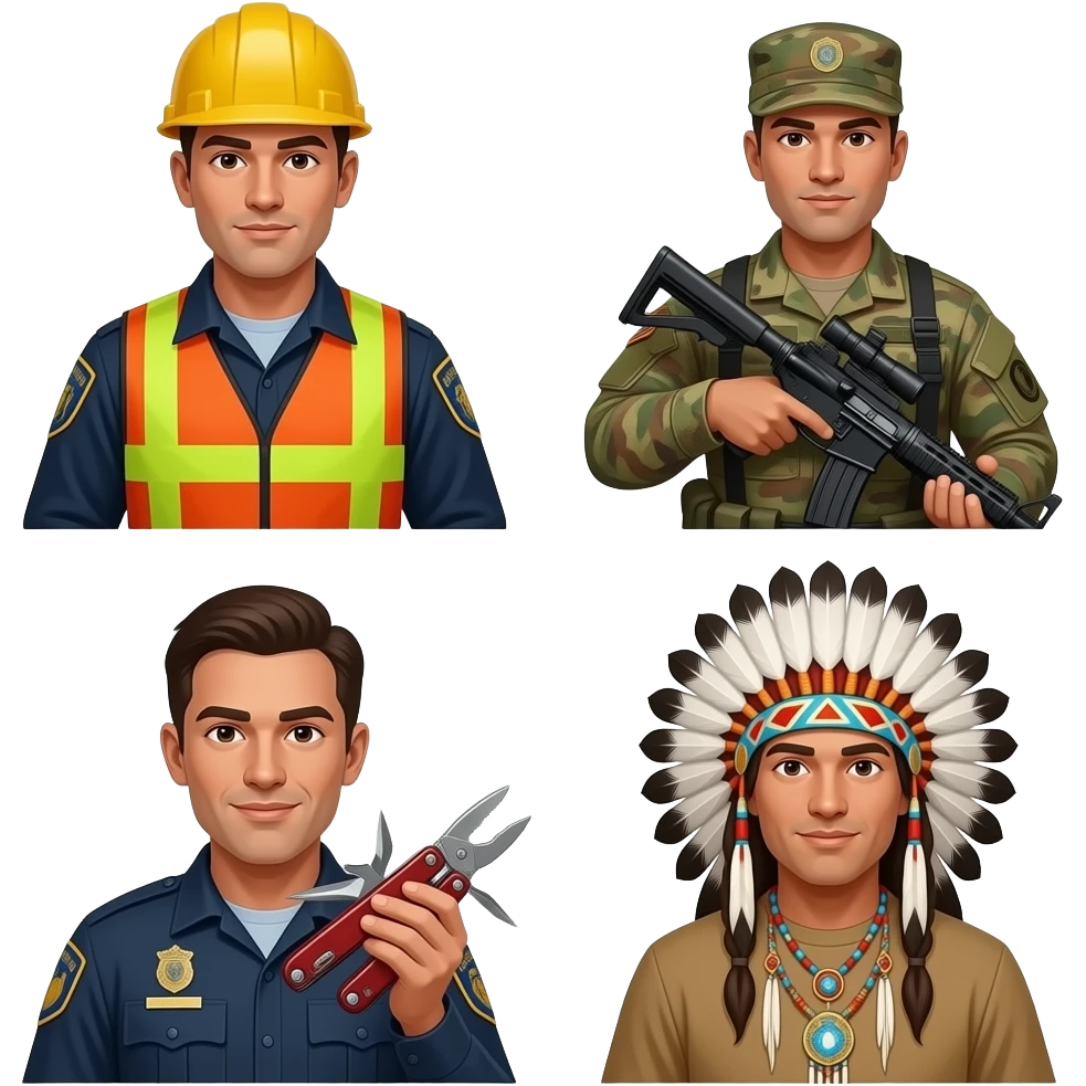 Cop, construction worker, soldier, leatherman and Native American emoji