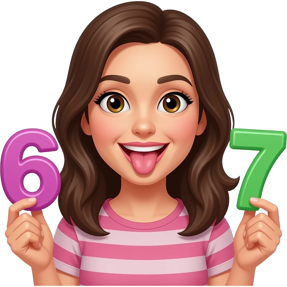 show a woman holding 6 and 7 with their tongue out like theyre silly emoji
