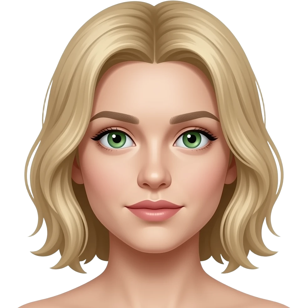 Please, make this emoji with white skin, blonde hair, green eyes, and make it as similar as possible to the photo. Don't reduce nose or any other feature sizes emoji
