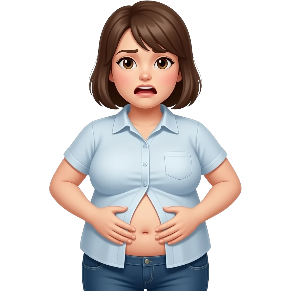 a girl with a huge stomach that is full to bursting,so bloated that she gets a tummyache,her bellybutton is poking out and her shrunk tight shirt buttonholes are at breaking point. emoji