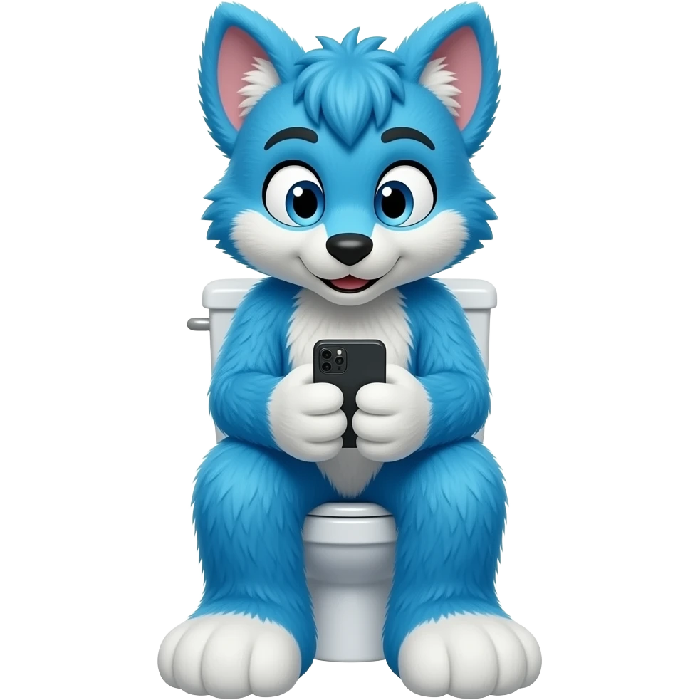 blue fursuit sitting on toilet, front view, legs together, looking down at phone emoji