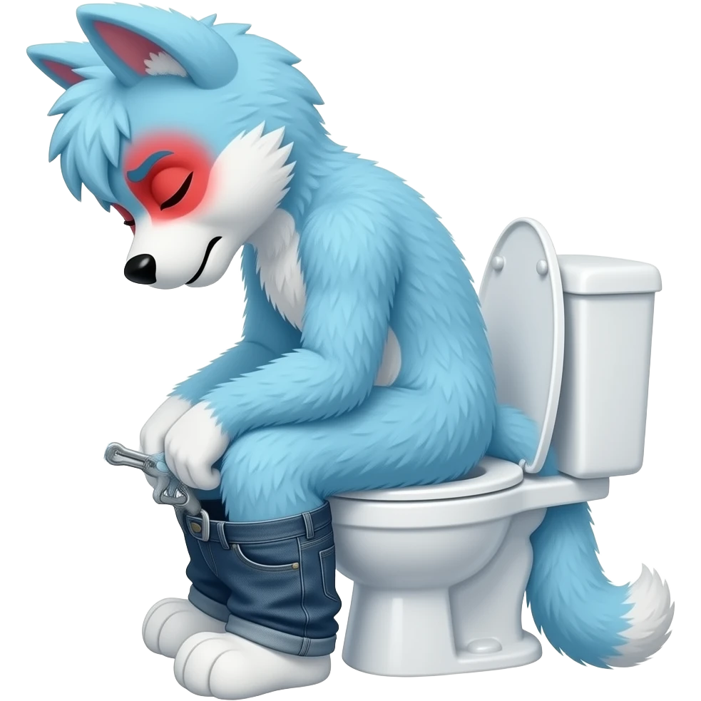 blue fursuit sitting on toilet, side view, pants down,  straining, red face, eyes close emoji