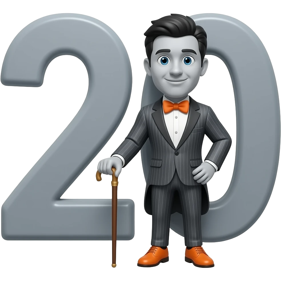 A gray-ish number 20 that has a fancy suit and orange shoes and a walking stick and it looks very fancy and it has a little zigzag on the 2 and the 0 , n emoji