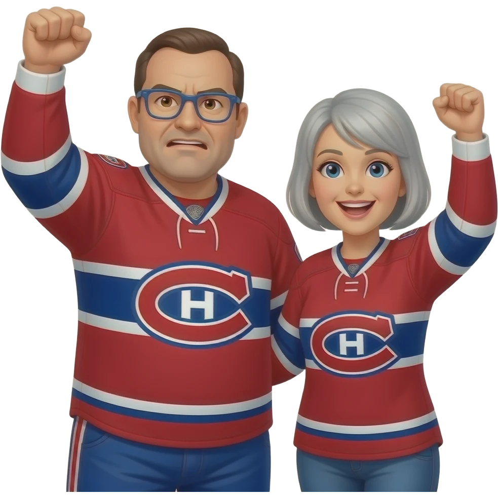 Angry 50 year old 170 lbs man, completely Bald, no hair, brown eyes, wearing blue glasses and montreal canadiens jersey with short light gray haired woman wearing the same both have their arms raised cheering emoji